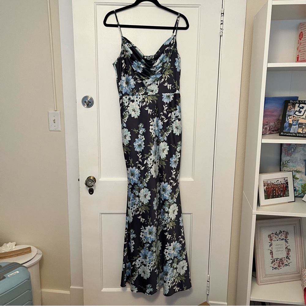 Vince Camuto Navy and Light Blue Floral  Spaghetti Strap Maxi Dress